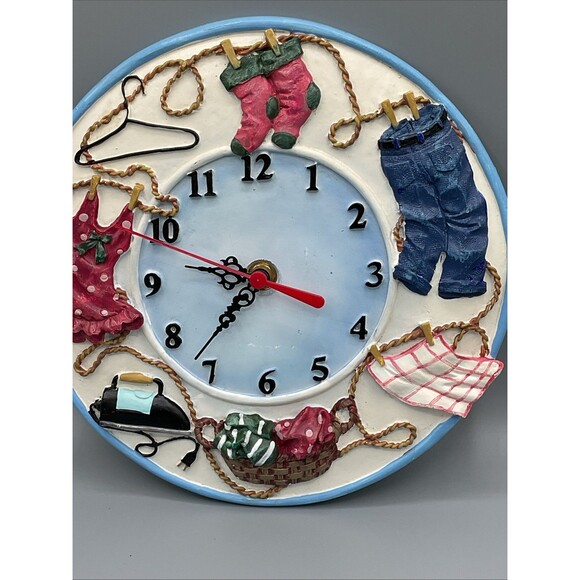 American Country Style. Resin Han Painted Laundry Room Clock.9.75” Diameter,Vtg - Picture 10 of 13